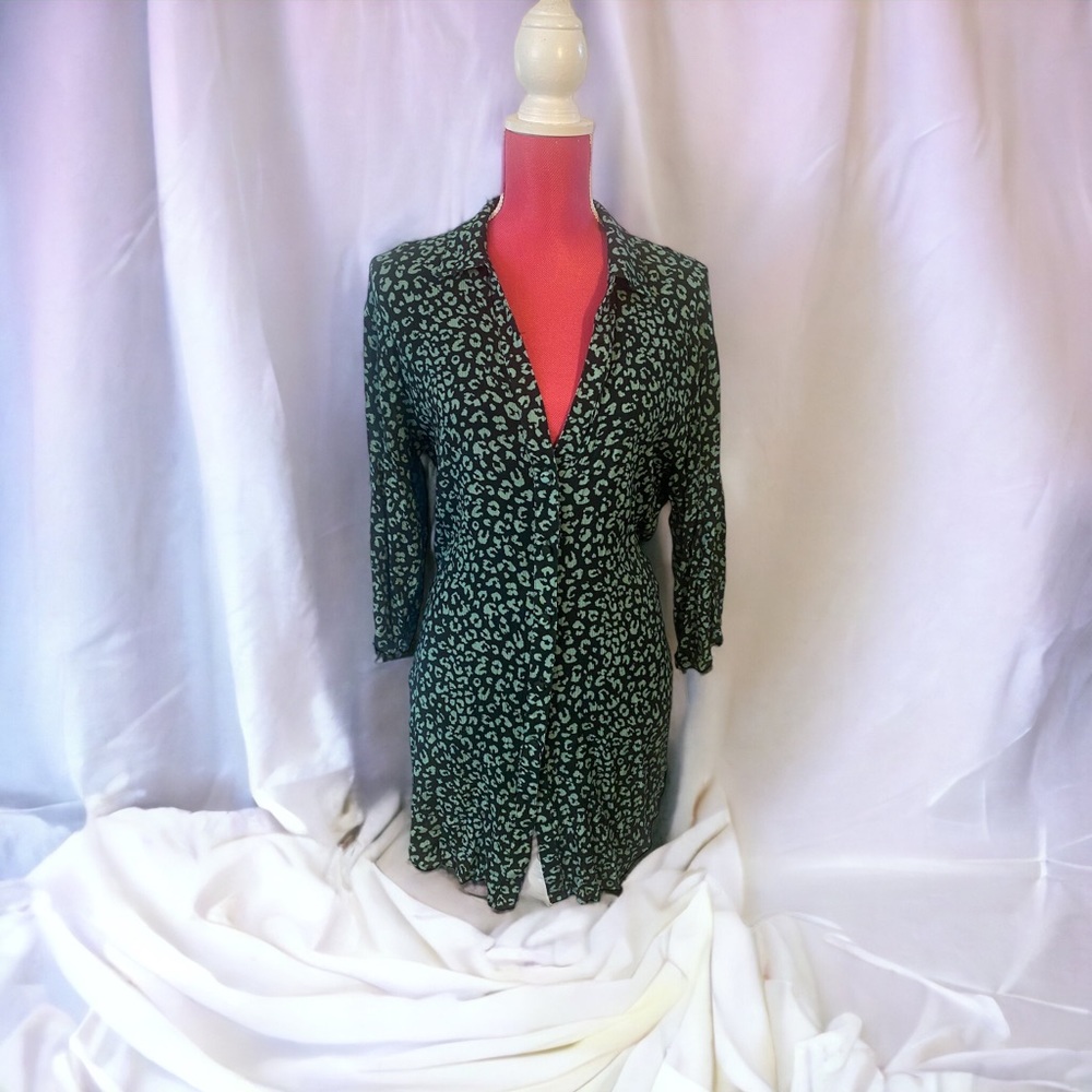 Charlie Holiday Leopard Print Turquoise Black Tunic Blouse Women’s Top Xs